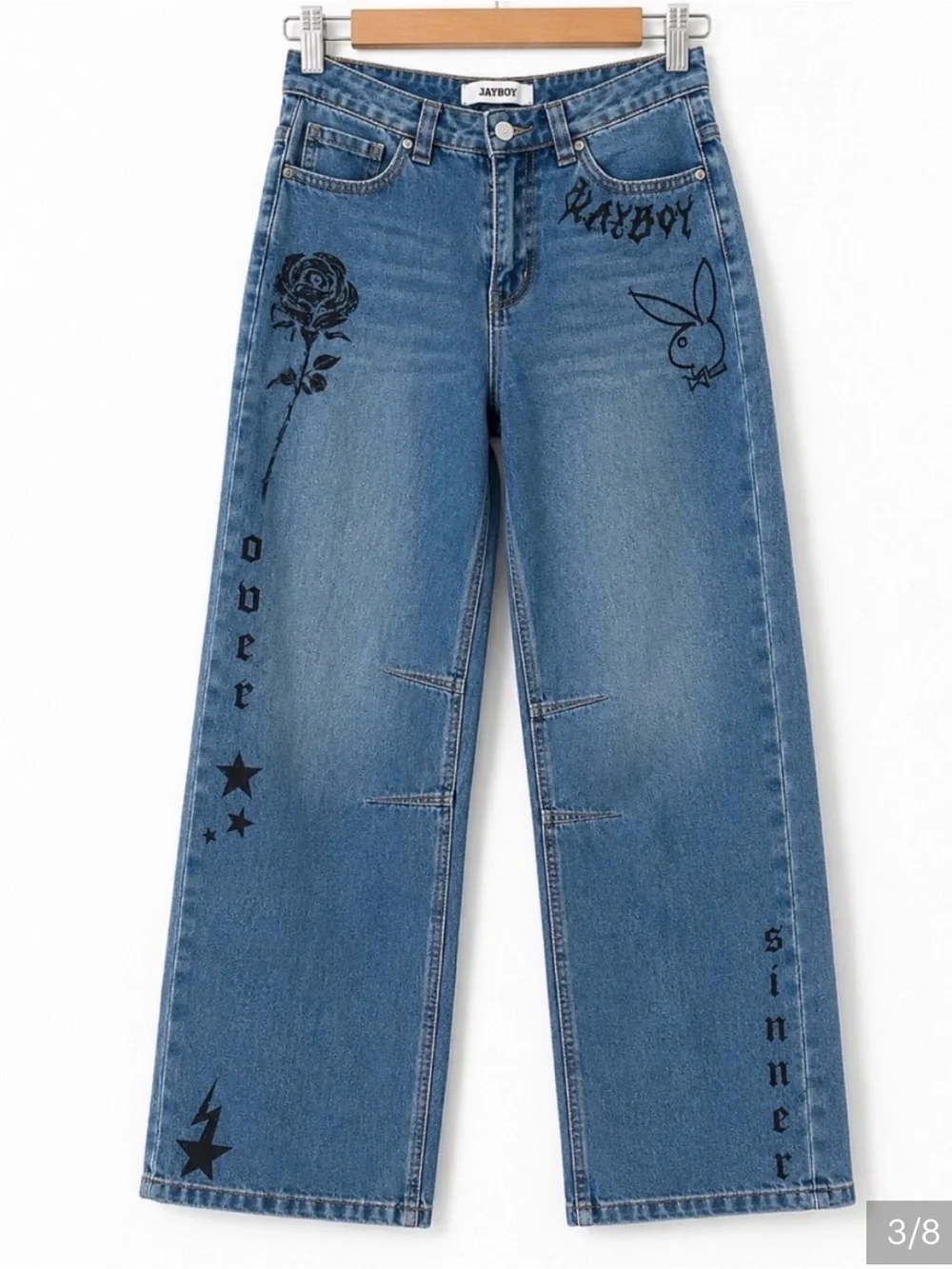 PLAYBOY Blue Wide-Leg Jeans with Black Graphic Prints 7